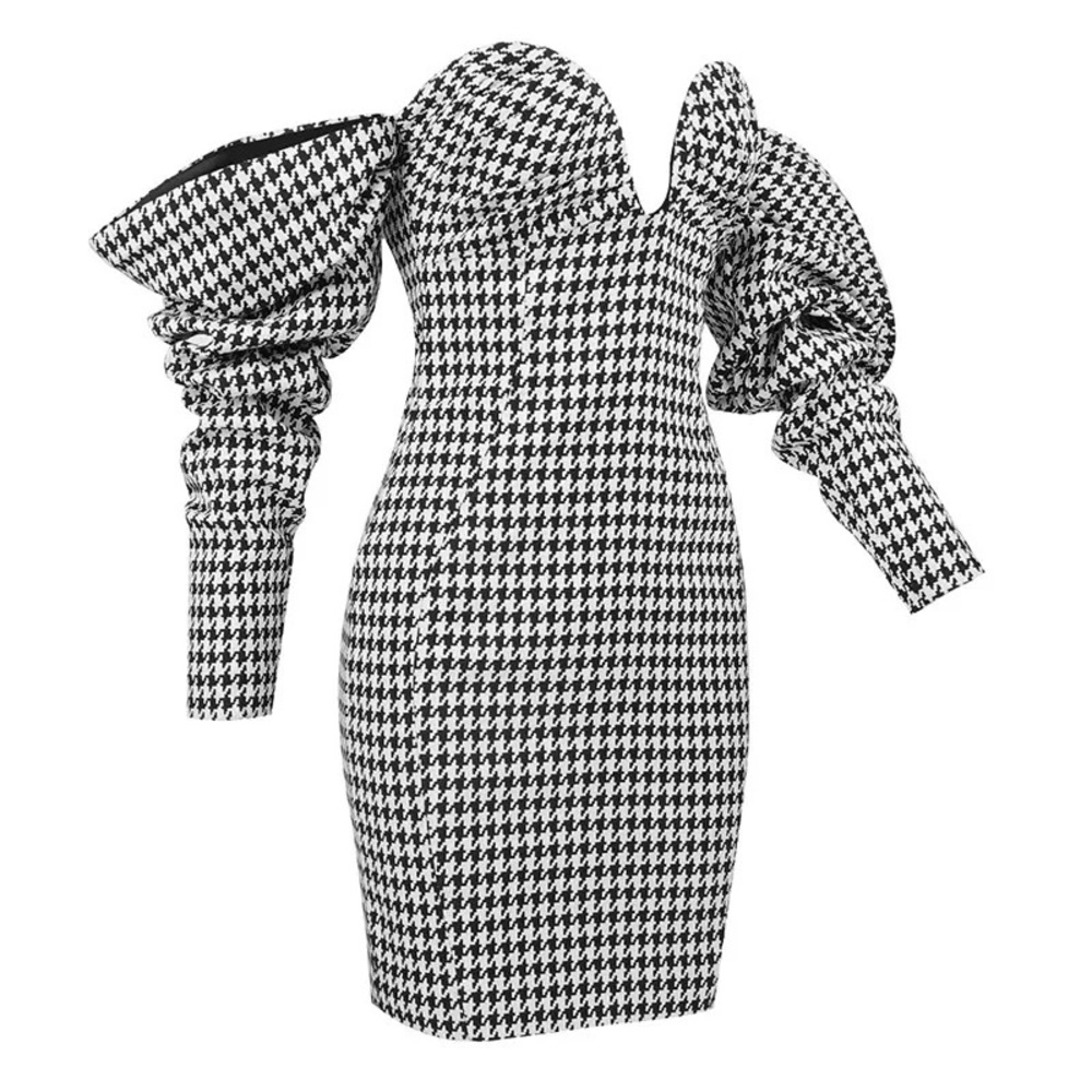 Off-Shoulder Houndstooth Mini Dress | Fall/Winter | Luxury Boutique – S M L - Picture 10 of 16
